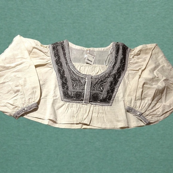 NWT FREE PEOPLE Iggie Embroidered Scoop Neck Long Sleeve Cotton Crop Top/Md - Picture 13 of 16